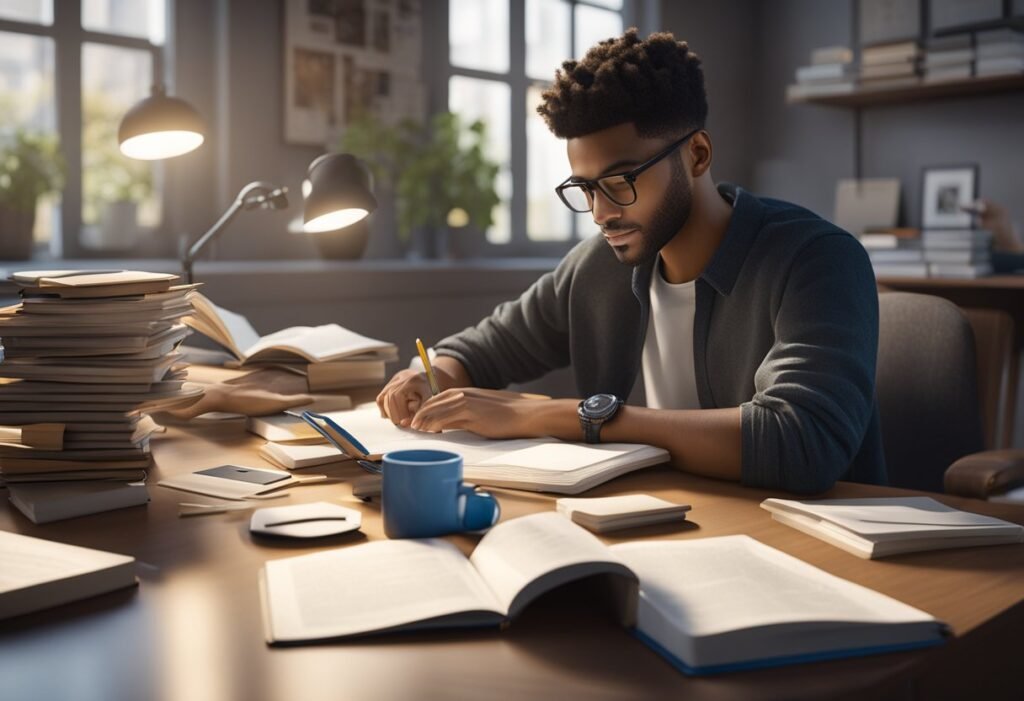 Um estudante estudando em uma mesa com livros e um laptop, cercado por anotações e materiais de estudo.